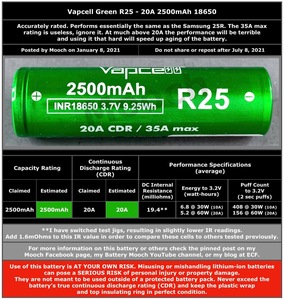 סוללות ליתיום-יון 18650 במחיר מפעל, Vapcell R25, <span class=keywords><strong>2500mAh</strong></span>, 3.7V, ירוק, זרם פריקה מקסימלי <span class=keywords><strong>35A</strong></span>, סוללה נטענת - Product Image 6