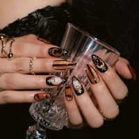 Ongles à presser vintage orange et noir pour Halloween, peints à la main, motif chat noir, fantôme, toile d'araignée, chauve-souris, en acrylique, forme amande, personnalisés pour SPA des ongles