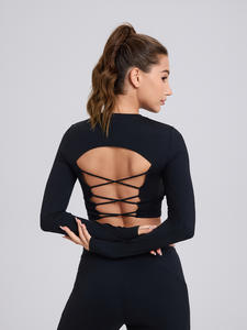 <span class=keywords><strong>T</strong></span>-shirt de sport pour le yoga et la salle de sport, entraînement, en nylon et élasthanne, avec coussinets fixes, soutien-gorge intégré, haut court à manches longues, dos croisé, haut court pour femme - Product Image 5