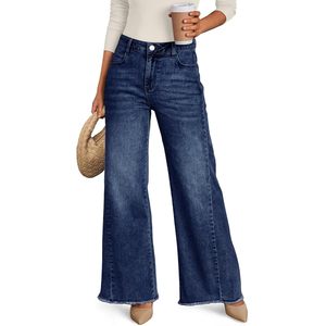 Women's Wide Leg Jeans High Waist Relaxed Fit Raw Hem <b>Denim</b> Pants Comfortable Breathable Cotton <b>Material</b> - Product Image 1