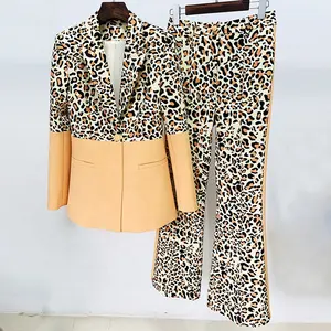 OUDINA-chaqueta con estampado de leopardo para mujer, traje de un botón, pantalones acampanados, Blazer de 2 piezas