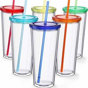 <b>Double</b> <b>Wall</b> PS AS Plastic Straw Cup 12oz 16oz 20oz Clear Cold Drink Tumbler Insert Card Custom Logo for Advertising Party - Product Image 1