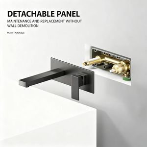 Robinet mural en laiton gris Gunmetal | Mitigeur encastré de lavabo avec design minimaliste Installation dissimulée en laiton - Product Image 3