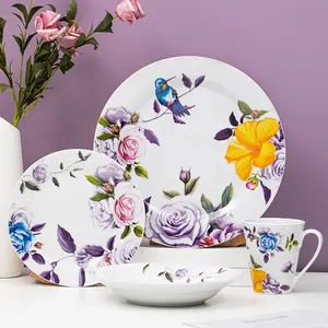 Set piring pola bunga dan burung, perlengkapan makan malam Modern bahan keramik