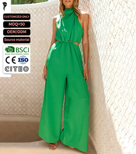 Women's Green Halter Sleeveless Full <b>Length</b> Jumpsuit With Pockets Elegant Loose Fit Summer Crepe Bodysuit - Product Image 1
