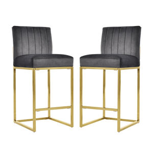 Chaises de café et de restaurant rembourrées populaires en promotion, pieds dorés, dossier en velours gris, tabourets de bar - Product Image 1