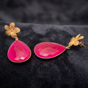 Wholesale Trendy Sterling Silver Gold Plated Fuchsia Pink Gemstone Drop Earrings Floral <b>Stud</b> Faceted Teardrop Stone Elegant - Product Image 3