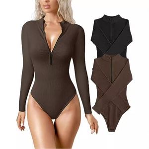 Body de mujer 2026 de manga larga, ajustado, acanalado, de una pieza con cremallera frontal, nuevo tipo ajustado, bodys de moda - Product Image 1
