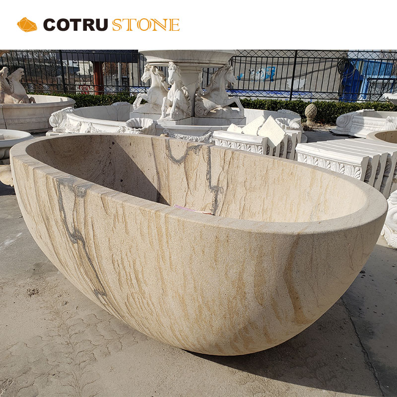 Custom Made Oval Round Stand Bathtub And Bathroom Stone Solid Surface Freestanding Wooden Veins Sandstone For Modern Bathr