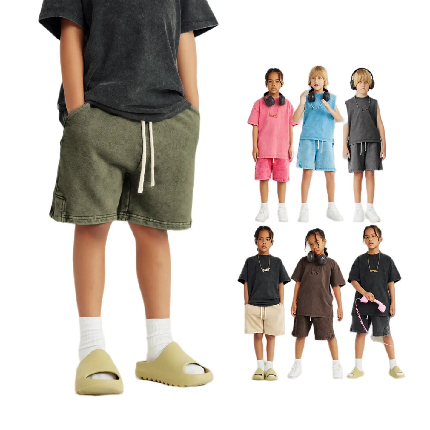 2024 verano 290gsm 100% algodón lavado ácido Vintage Split Streetwear pantalones cortos de moda para niños