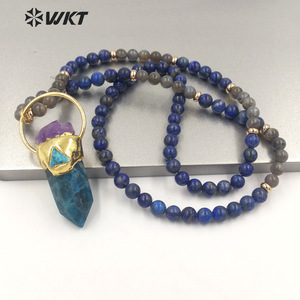 WT-N1337 WKT Puissant D'énergie Cylindre Forme Bleu <span class=keywords><strong>Apatite</strong></span> Amazonite Mix Avec Améthyste perles de long Collier Pierres Précieuses Perles Chaîne - Product Image 2