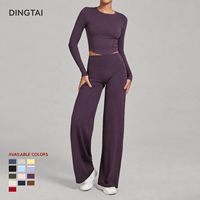 Ensemble de yoga pour femme à col rond et jambes larges, manches longues, sans rembourrage, dos en V, 2 pièces, couleur unie, anti-humidité, coupe ajustée, hiver