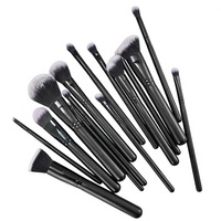 Ensemble de 15 pinceaux de maquillage en fibres synthétiques avec manches en bois et pinceaux noirs mats - Kit complet de maquillage pour les yeux