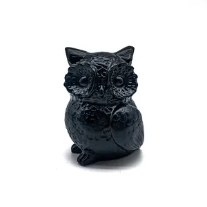 热卖高品质水晶雕刻黑色黑曜石猫头鹰标题黑曜石雕刻手工制作水晶动物装饰
