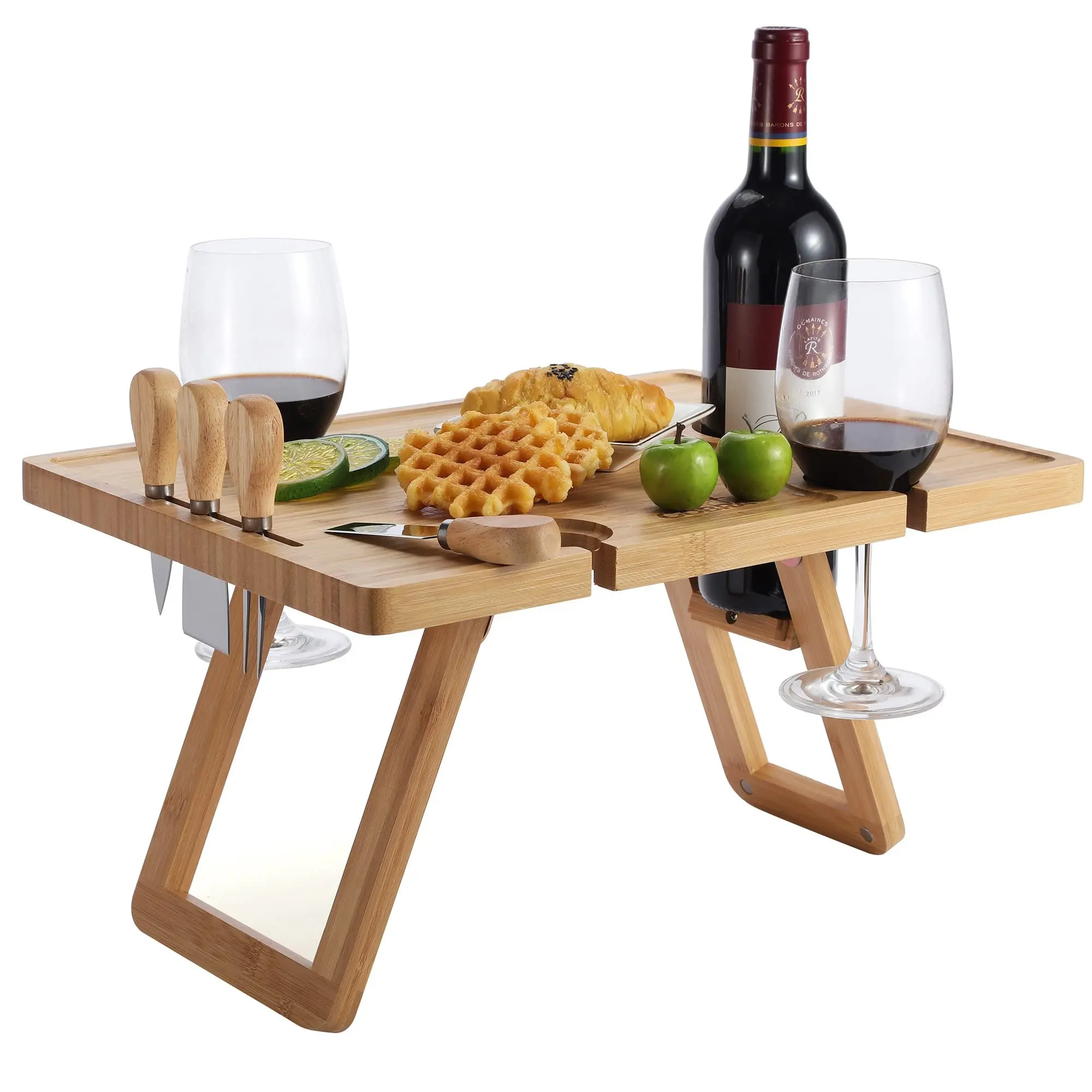 Tragbarer Wein-Picknick tisch mit Flasche und Glas halter Faltbarer Bambus tisch Holz-Serviert ablett tisch mit Besteckset