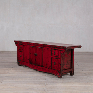 Meuble bas Wabi-Sabi en laque rouge délavée, console TV en bois d'orme vieilli avec finition usée - Product Image 3