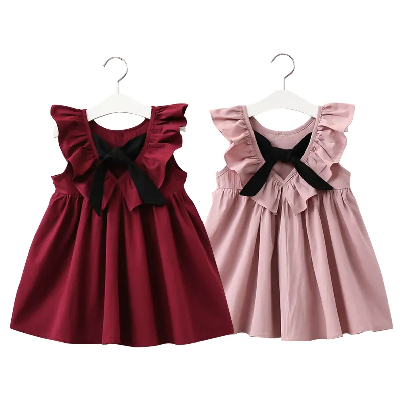 Summer Solid Color Bow Cotton Baby Dresses Korea Style Toddler Garments Girls Clothing Dress For Girls