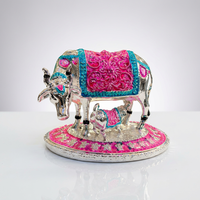 Statue religieuse hindoue artisanale plaquée or et argent, représentant un veau Kamdhenu porte-bonheur, décorative pour anniversaire et mariage, multi-pièces