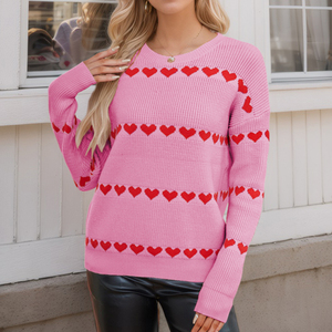 Wholesale Women <strong>Valentine</strong> Day Heart Pattern Sweater Pink Ribbed Knit Pullover Romantic Crew Neck <strong>Jumper</strong> - Product Image 2