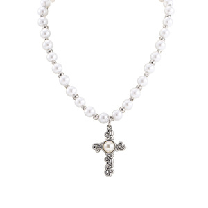yunnique European American Light Luxury Fashion Imitation Pearl <b>Cross</b> Pendant Necklace Titanium Steel Beaded <b>Chain</b> For Men Women - Product Image 5