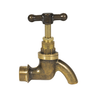 Robinet d'eau extérieur vintage en laiton avec poignée en T et bec courbé, filetage externe, pour jardin et cour