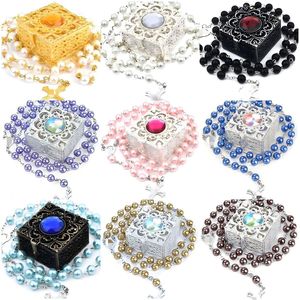 Collier croix imitation perle pour femme, longue chaîne de pull avec coffret cadeau, vente en gros - Product Image 4