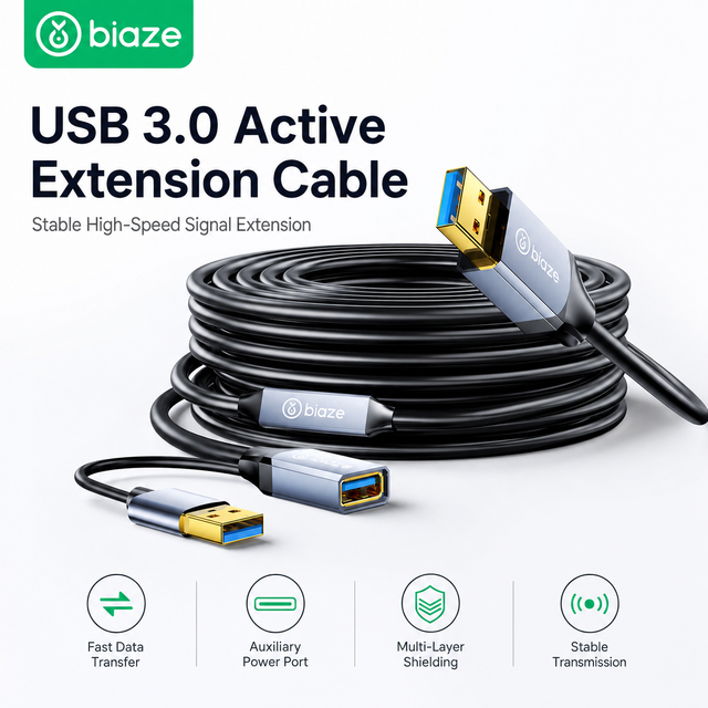 Biaze USB3.0 Active Extension Cable USB a Male Female High Speed Repeater Extender PVC Shielded for PC Camera Printer