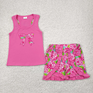 Conjunto de ropa de verano para niñas con bordado de pez, ciervo y pato, top rosa y pantalones cortos a rayas - Product Image 2