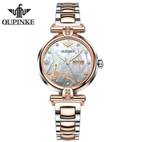 OUPINKE 3180 Montre pour femme en acier inoxydable avec cadran en verre traité, mouvement mécanique, étanche, fermoir caché à bouton-poussoir, 30 mm