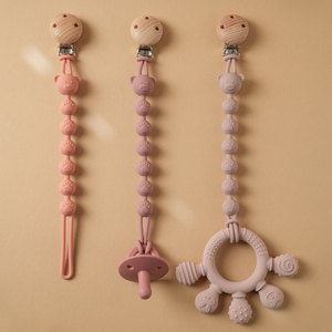 Multi-Function Baby Soothing Teether <b>Pacifier</b> Clip, Bear Silicone Chew Toy & Beech Wood Anti-Drop Clip - Product Image 2