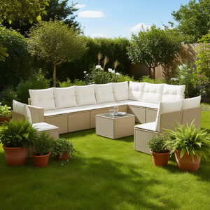 ชุดโซฟาหวายสีเบจสำหรับสวน พร้อมเบาะโฟมความหนาแน่นสูง เฟอร์นิเจอร์กลางแจ้ง ดีไซน์ร่วมสมัย กันน้ำ ทนรังสียูวี - Product Image 2