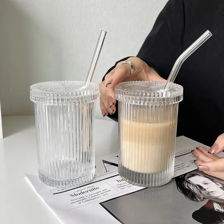 17.5oz Classic Vertical Stripes Tea Mug Elegant Coffee Cup with Glass Lid Clear Glass Coffee Mug