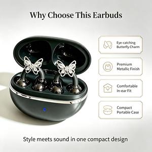 Butterfly Charm Open Ear Clip <b>Bluetooth</b> Earbuds Premium Metallic Finish Compact Portable Case HiFi Stereo Daily Music Earbuds - Product Image 5