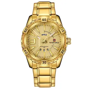 NAVIFORCE 9117 nuevo deporte de los hombres relojes impermeable de los hombres analógico de cuarzo relojes de hombre de oro de acero inoxidable reloj de calendario