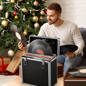 Boîte de rangement pour disques vinyles en aluminium avec fermeture à clé, étanche à la poussière et à l'eau, capacité de 30 à 50 LP (7/10/12 pouces), organiseur d'albums portable - Product Image 1