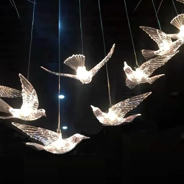 2019การออกแบบใหม่โปร่งใสอะคริลิ LED ส่องสว่างนกจี้แขวนตกแต่งงานแต่งงาน