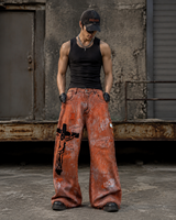 DiZNEW Jean en denim orange délavé vintage pour homme, coupe ample et large, effet usé et déchiré, style streetwear, avec patchwork étoile, OEM