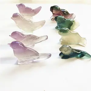 Wholesale Natural crystal carving animal folk crafts clear rainbow fluorite quartz crystal birds for gifts