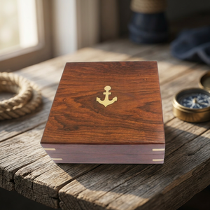 Caja Náutica de Madera de Nogal con Incrustaciones de Ancla de Latón, Pulida y Hecha a Mano, Juego de 10 Bandejas con Impresión Digital para Regalo de Viaje - Product Image 2