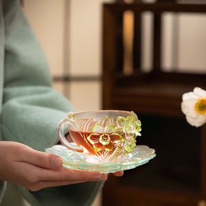 Juego de Taza y Platillo de Vidrio Liuli Hecho a Mano, 140 ml, Degradado Amarillo, Relieve de Narciso, Taza de <span class=keywords><strong>Espresso</strong></span> de Lujo, Regalo Artístico, OEM - Product Image 1