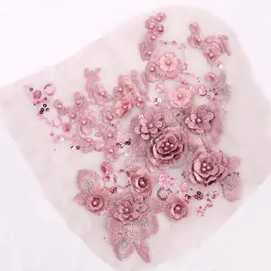 3D renkli çiçek örgü işlemeli taklidi dantel boncuklu aplike süsü ile giysi için Sequins DIY dantel kumaş organze kumaş