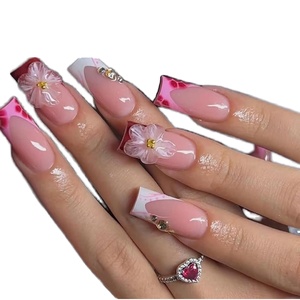 24 Uds <span class=keywords><strong>uñas</strong></span> postizas largas para mujer punta francesa a presión cuadrado acrílico rojo <span class=keywords><strong>con</strong></span> Material ABS diseños de <span class=keywords><strong>flores</strong></span> artificiales en los dedos - Product Image 1