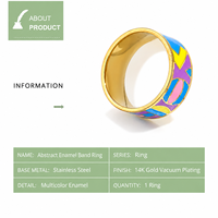 Bague large abstraite en acier inoxydable plaqué or 14 carats sous vide avec bande émaillée multicolore