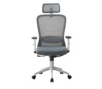 Chaise de bureau moderne en maille avec appui-tête réglable et support lombaire, siège en tissu gris, cadre blanc, ergonomique, pivotante et inclinable