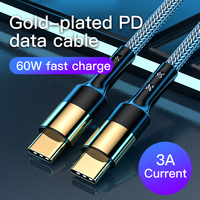 Kabel Pengisian Cepat Type C ke C 60W PD 1.2M Nylon Berlapis Emas Usb ke C untuk Kabel Pengisian IPhone 15