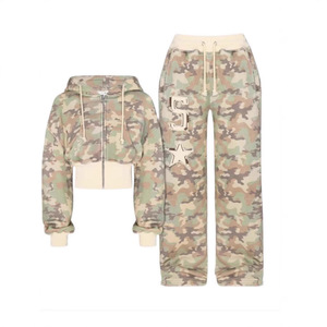 Felpa con cappuccio a maniche lunghe con cerniera e top corti per gli sport <span class=keywords><strong>invernali</strong></span> completi Casual pantaloni tuta mimetici da <span class=keywords><strong>donna</strong></span> Set 2 pezzi - Product Image 5
