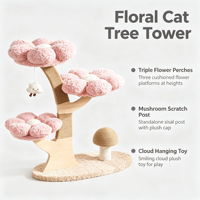 BlossomTree Arbre à chat moderne de luxe de grande taille 90 cm à 4 niveaux, avec perchoirs en peluche rose triple fleur, poteau à gratter en sisal en forme de champignon et jouet nuage