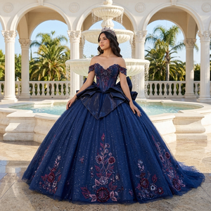 Vestido de Quinceañera Azul Brillante 1554 con Lazo de Satén Largo y Borlas - Product Image 1