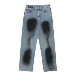 Custom Fashion Spray Painting Dirty Dyed Design High Waist Loose Street Wear Jeans