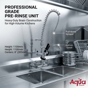 Robinet de cuisine professionnel pour lave-vaisselle, 2 trous, mural, double poignée, douchette extractible, chromé - Product Image 4